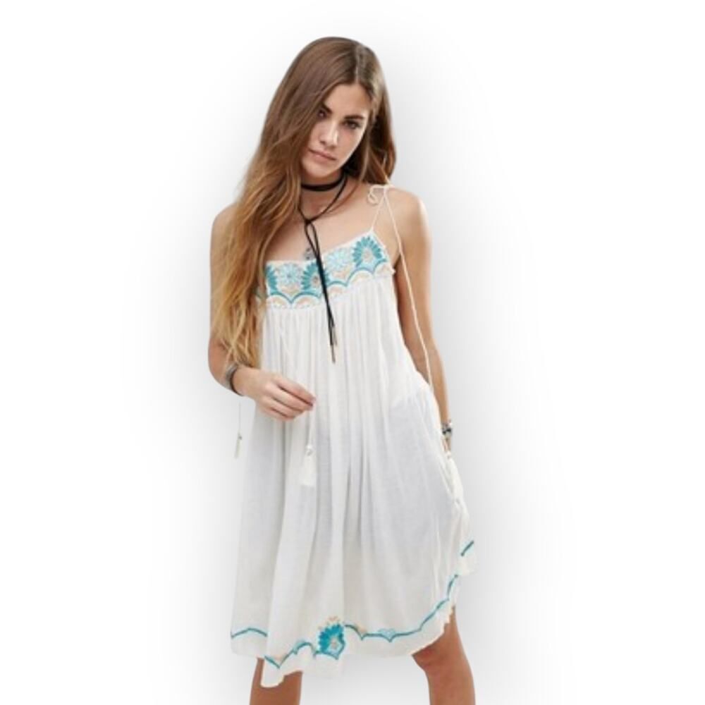 Free People Heat Wave Mini Dress Women's Small Ivory Tunic Babydoll Embroidered